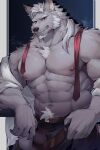  absurd_res anthro barazoku beard big_muscles bottomwear bulge canid canine canis chest_tuft cigarette cigarette_in_mouth clothed clothing facial_hair fur grey_body grey_fur hair hi_res kemono luodejun male mammal muscular muscular_anthro muscular_male necktie object_in_mouth open_bottomwear open_clothing open_pants pants pecs pubes red_eyes shirtless smoking smoking_cigarette solo tuft underwear undressing white_hair wolf 