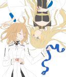  2girls ahoge artoria_caster_(fate) artoria_caster_(third_ascension)_(fate) artoria_pendragon_(fate) blonde_hair blue_ribbon closed_eyes command_spell fate/grand_order fate_(series) fujimaru_ritsuka_(female) fujimaru_ritsuka_(female)_(decisive_battle_chaldea_uniform) holding kurenai_veni1 long_hair long_sleeves lying multiple_girls orange_hair ribbon short_hair simple_background smile 