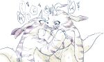  animal_skin anthro bandai_namco belly belly_markings blush bodily_fluids digimon digimon_(species) duo fur gabumon hi_res horn japanese_text kissing making_out male male/male markings nanakamado_kota slightly_chubby striped_body striped_fur stripes sweat text 