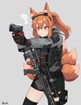  1girl absurdres aiming ammunition_pouch animal_ear_fluff animal_ears artist_name belt black_belt black_gloves black_hairband black_jacket black_shorts black_thighhighs bolt_action closed_mouth commentary commission cowboy_shot cross double-parted_bangs english_commentary finger_on_trigger folding_stock fox_ears fox_girl fox_tail gar32 glock gloves grey_background grey_jacket gun hair_between_eyes hairband handgun highres holding holding_gun holding_weapon hood hood_down hooded_jacket jacket kitsune load_bearing_vest multicolored_clothes multicolored_gloves multicolored_jacket orange_eyes orange_hair original plate_carrier pocket ponytail pouch red_cross red_gloves remington_model_700 rifle scope shorts sidelocks signature simple_background smoke smoking_gun snap-fit_buckle sniper_rifle solo standing tail thigh_pouch thighhighs two-tone_jacket weapon 