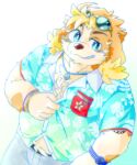  5:6 aloha_shirt anthro belly blonde_hair blue_eyes canid canine canis clothing domestic_dog eyewear floppy_ears grin hair hi_res hisaki_(live_a_hero) jewelry lifewonders live_a_hero male mammal necklace ottyo_kope pattern_clothing pattern_shirt pattern_topwear shirt slightly_chubby smile solo sunglasses tattoo topwear 
