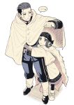  ... 1boy 1girl ainu_clothes asirpa cloak commentary_request facial_hair goatee golden_kamuy greyscale hachi_(hachin0124) hair_slicked_back headband height_difference highres hug hug_from_behind monochrome ogata_hyakunosuke scar scar_on_cheek scar_on_face spoken_ellipsis undercut 