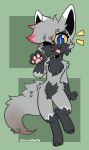  2023 3_toes 4_fingers anthro black_body black_fur blue_eyes cheek_tuft chest_tuft crotch_tuft cute_fangs facial_tuft feet female fingers fur generation_3_pokemon grey_body grey_fur half-closed_eyes hi_res katandstar154 looking_at_viewer narrowed_eyes nintendo open_mouth pawpads paws pokemon pokemon_(species) poochyena red_nose renne_(poochyena) simple_background solo toes tuft wave white_body white_fur 