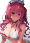  1girl bare_shoulders bikini blurry breasts closed_mouth goddess_of_victory:_nikke hat highres large_breasts pepper_(nikke) pepper_(ocean_vitamin)_(nikke) pink_eyes pink_hair ra_mun5239 side_ponytail simple_background solo swimsuit white_bikini white_headwear 