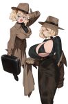  belt black_sweater blonde_hair blue_eyes blush breastless_clothes breasts briefcase brown_skirt cleavage coat fedora florida-chan_(ryusei_hashida) hair_between_eyes hat highres huge_breasts large_breasts long_skirt looking_at_viewer medium_hair micro_bra multiple_views open_clothes open_coat open_mouth original profile ryusei_hashida simple_background skirt smile suitcase sweater sweater_tucked_in tented_shirt tight_clothes trench_coat undressing v_over_eye white_background 