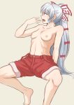  1girl barefoot bow breasts feet fujiwara_no_mokou grey_hair hair_bow hot iromeki_overdrive long_hair no_bra open_clothes open_mouth ponytail red_eyes shirt shorts sitting sketch small_breasts solo suspender_shorts suspenders sweatdrop tied_shirt topless touhou very_long_hair 