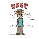  1:1 anthro antlers barefoot black_clothing black_nose black_shirt black_topwear blue_clothing blue_shirt blue_topwear brown_body brown_fur clothing darwin_(tinydeerguy) deer dialog_box dialogue english_text feet fur hi_res hooves horn khaki_pants male mammal shadow shirt simple_background smile solo tan_body tan_fur text tinydeerguy topwear white_background 