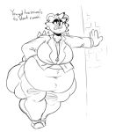  2017 4_fingers anthro bear belly big_belly big_breasts biped black_text bottomwear breasts brianna_(kaboodles) clothed clothing dialogue digital_drawing_(artwork) digital_media_(artwork) ear_piercing ear_ring english_text female fingers footwear front_view full-length_portrait fur hair jacket kaboodles leaning leaning_on_wall leather leather_bottomwear leather_clothing leather_jacket leather_pants leather_topwear looking_at_viewer mammal mean_brianna_(kaboodles) midriff monochrome navel obese obese_anthro obese_female open_mouth overweight overweight_anthro overweight_female pants piercing portrait ring_piercing round_ears sharp_teeth shoes simple_background small_tail solo spiked_clothing spiked_jacket spikes standing tail tall teeth text thick_thighs threatening threatening_viewer topwear torn_bottomwear torn_clothing torn_pants white_background wide_hips 