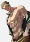  1boy abs achilles_(fate) bara bare_pectorals breasts brown_pants collarbone fate/grand_order fate_(series) from_below green_shirt grey_background hand_in_pocket haruakira highres large_breasts looking_down male_focus muscular muscular_male no_nipples open_clothes open_mouth open_shirt orange_eyes pants pectorals shirt short_hair solo teeth tongue tongue_out upper_teeth_only veins veiny_arms veiny_crotch veiny_hands veiny_pectorals 
