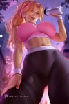  1girl ass_visible_through_thighs bleach blonde_hair blue_eyes bottle breasts english_commentary eyes_visible_through_hair from_below huge_breasts lips long_hair looking_at_viewer matsumoto_rangiku mole mole_under_mouth navel olchas open_clothes open_mouth open_shirt palm_tree pants solo sports_bra sunset tight_clothes tight_pants tree water_bottle watermark 