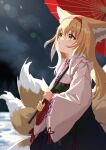  1girl absurdres animal_ear_fluff animal_ears arknights black_hakama blonde_hair blurry blurry_background closed_mouth commentary_request delfino depth_of_field fox_ears fox_girl fox_tail green_eyes hairband hakama hakama_skirt highres holding holding_umbrella japanese_clothes kimono kitsune long_hair long_sleeves multicolored_hair night night_sky obi oil-paper_umbrella outdoors pink_kimono red_hairband red_umbrella sash skirt sky snow solo suzuran_(arknights) suzuran_(yukibare)_(arknights) tail two-tone_hair umbrella very_long_hair white_hair wide_sleeves 