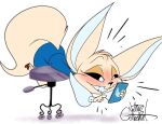  2023 aggretsuko anthro artist_name bent_over big_ears biped black_sclera black_text blush bottomwear canid canine cellphone clothed clothing colored digital_drawing_(artwork) digital_media_(artwork) female fennec fenneko fingers fluffy fluffy_tail fox fox_tail fur furniture head_tuft hi_res holding_cellphone holding_object holding_phone light_body light_fur lying mammal office_lady on_front on_stool open_mouth open_smile phone sanrio signature silentjack simple_background smartphone smile solo stool tail teeth text topwear tuft uniform white_background white_eyes white_inner_ear 