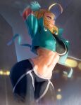  1girl absurdres antenna_hair arched_back arms_up black_sports_bra blonde_hair blue_eyes blue_jacket braid breasts cammy_stretch_(meme) cammy_white cropped_jacket fading fingerless_gloves gloves hat highres hymin jacket large_breasts meme pants short_hair solo sports_bra standing street_fighter street_fighter_6 stretching thick_thighs thighs tight tight_pants union_jack yoga_pants 