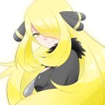  1girl breasts commentary_request cynthia_(pokemon) eyelashes hair_over_one_eye haru_(haru4782) highres long_hair looking_at_viewer pokemon pokemon_(game) pokemon_dppt sideboob simple_background smile upper_body very_long_hair white_background yellow_eyes 