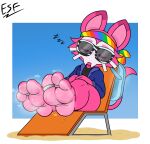  3_toes anthro beach bodily_fluids chair clothing digit_ring electricsnowfox eyewear feet foot_focus fur furniture hi_res jewelry male mammal pink_body pink_fur ring seaside shirt sitting sleeping smelly smelly_feet soles solo sunglasses sweat sweaty_feet toe_ring toes topwear unknown_species 