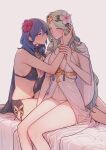  2girls bikini black_bikini blue_eyes blue_hair blush breasts byleth_(female)_(fire_emblem) byleth_(female)_(summer)_(fire_emblem) byleth_(fire_emblem) cleavage closed_mouth fire_emblem fire_emblem:_three_houses fire_emblem_heroes flower green_eyes green_hair hair_between_eyes hair_flower hair_ornament hibiscus highres ikarin imminent_kiss large_breasts long_hair multiple_girls navel official_alternate_costume rhea_(fire_emblem) rhea_(summer)_(fire_emblem) swimsuit white_bikini yuri 