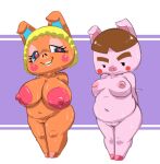  &lt;3 &lt;3_eyes animal_crossing anthro areola big_areola big_breasts bodily_fluids breasts domestic_pig duo embarrassed female genitals hands_behind_back huge_breasts legs_together looking_at_viewer mammal navel nintendo nude overweight overweight_female pancetti_(animal_crossing) pussy simple_background smile standing suid suina sus_(pig) sweat sweaty_breasts sweaty_legs sweaty_thighs truffles_(animal_crossing) vono 