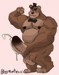  balls belly bernesealexxx biceps big_penis bodily_fluids cum five_nights_at_freddy&#039;s freddy_(fnaf) genital_fluids genitals hi_res huge_penis hyper hyper_genitalia hyper_penis male musclegut muscular obese overweight pecs penis precum scottgames 