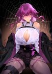  1girl bare_shoulders black_shorts blush breasts collared_shirt highres honkai:_star_rail honkai_(series) kafka_(honkai:_star_rail) large_breasts leggings long_sleeves looking_at_viewer obiwan parted_lips purple_eyes purple_hair purple_leggings shirt shirt_tucked_in shorts silk smile solo spider_web thighs weisuoxin white_shirt 