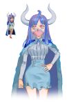  1girl ahoge blue_cape blue_hair blue_skirt cape clenched_hand collared_shirt covered_mouth curled_horns dinosaur_girl hand_on_own_hip horns jewelry long_hair mask mouth_mask multicolored_hair necklace one_piece pink_eyes pink_hair pink_mask raine_(acke2445) reference_inset shirt skirt solo streaked_hair ulti_(one_piece) white_shirt 