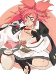  1girl baiken big_hair black_jacket black_kimono breasts cleavage eyepatch facial_tattoo guilty_gear guilty_gear_strive highres jacket jacket_on_shoulders japanese_clothes kataginu kimono large_breasts long_hair luci_omi_gusu multicolored_clothes multicolored_kimono one-eyed open_clothes open_kimono pink_hair red_eyes samurai sandals scar scar_across_eye tattoo white_kimono 