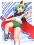  1girl alternate_costume antennae black_cape blush buruma cape commentary_request foot_out_of_frame green_buruma green_eyes green_footwear green_hair gym_uniform highres holding looking_afar matty_(zuwzi) medium_bangs navel open_mouth outline red_cape relay_baton shirt shoes short_hair short_sleeves sneakers socks solo touhou two-sided_cape two-sided_fabric white_outline white_shirt white_socks wriggle_day wriggle_nightbug 