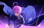  1boy absurdres ahoge binxngchng1 blue_cape blue_jacket cape glowing gradient_background highres holding holding_weapon jacket kokohead_yuma long_sleeves looking_at_viewer male_focus master_detective_archives:_rain_code open_mouth purple_eyes purple_hair short_hair solo upper_body weapon 
