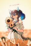  1girl alternate_costume animal_ears blue_hair blurry blurry_background brown_hair colored_inner_hair daitaku_helios_(umamusume) dress ear_covers english_text flower fuyukayui grin hair_between_eyes hair_ornament hairclip highres holding holding_flower horse_ears horse_girl horse_tail long_hair multicolored_hair off-shoulder_dress off_shoulder one_eye_closed short_sleeves side_ponytail smile solo standing sunflower tail two-tone_hair umamusume white_dress yellow_eyes 
