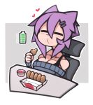  1girl absurdres battery_indicator blush border bra_strap breasts chair chewing chibi chicken_nuggets cleavage closed_eyes commentary crumbs eating english_commentary grey_background hair_between_eyes heart highres large_breasts maya_(roadi3) original purple_hair roadi3 scar scar_on_face scar_on_nose short_hair simple_background sitting table twitter_username watermark white_border 