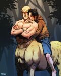  2boys bad_id bad_tumblr_id bara biceps black_hair blonde_hair bracelet centaur couple cris_art crossed_arms feet_out_of_frame forest head_on_another&#039;s_shoulder horseback_riding hug hug_from_behind hulkling jewelry long_sideburns male_focus marvel monsterification multiple_boys muscular muscular_male nature nude pectorals riding short_hair sideburns smile taur wiccan yaoi 
