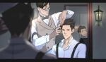  3boys ace_attorney ayu161 black_hair blurry blurry_foreground bow bowtie brown_hair brown_vest brushing_another&#039;s_hair brushing_hair closed_mouth collared_shirt glasses grey_bow grey_bowtie grey_hair hair_brush hairdressing highres holding holding_hair_brush kazuma_asogi lamp letterboxed long_sleeves looking_at_another looking_at_mirror looking_back male_focus mirror multicolored_hair multiple_boys open_mouth ryunosuke_naruhodo satoru_hosonaga shirt short_hair streaked_hair suspenders the_great_ace_attorney upper_body vest white_shirt 