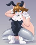  2023 4:5 absurd_res ahoge akumu_(nightmareroa) annoyed_expression anthro blue_eyes blush brown_hair bulge bunny_costume canid canine clothing costume crouching domestic_cat fake_ears fake_rabbit_ears felid feline felis fox fur hair hi_res hybrid male mammal nightmareroa nipples orange_body orange_fur solo tight_clothing white_body white_fur 