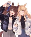  2girls ;d alternate_costume animal_ears black_choker black_jacket black_sweater blonde_hair blue_eyes blue_ribbon blue_skirt blush brown_hair cellphone choker commentary commission down_jacket english_commentary gold_city_(umamusume) grey_eyes grey_pants hair_ribbon hands_in_pockets highres holding holding_phone horse_ears horse_girl jacket jewelry long_hair midriff multiple_girls navel necklace one_eye_closed open_clothes open_jacket pants phone ribbon rio_(rio_067) selfie simple_background skirt smartphone smile sweater swept_bangs tosen_jordan_(umamusume) turtleneck turtleneck_sweater twintails umamusume white_background white_jacket 