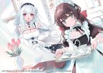  2girls apron aqua_eyes azur_lane black_hair breasts center_opening chestnut_mouth cleavage closed_mouth dress elbow_gloves glasgow_(azur_lane) gloves hairband holding indoors large_breasts long_hair looking_at_viewer low_twintails maid maid_apron maid_headdress multiple_girls official_art open_mouth puffy_short_sleeves puffy_sleeves red_eyes saku_nosuke scylla_(azur_lane) short_sleeves twintails white_dress white_gloves white_hair white_hairband wristband 