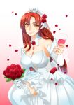  1girl absurdres alcohol bouquet breasts bridal_veil bride cleavage closed_mouth cup dress drinking_glass flower gloves hair_flower hair_ornament highres holding holding_bouquet holding_cup honkai_(series) honkai_impact_3rd kuroyuki-mitsuki large_breasts long_hair mole mole_on_breast murata_himeko murata_himeko_(blood_rose) red_flower red_hair red_rose rose single_glove single_sleeve smile solo thighhighs veil wedding_dress white_gloves white_sleeves white_thighhighs wine wine_glass yellow_eyes 