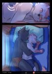  anthro bed blush canid canine canis clothed clothing comic comic_panel digital_drawing_(artwork) digital_media_(artwork) domestic_cat domestic_dog duo embrace eyes_closed felid feline felis fur furniture hair hi_res hug hugging_from_behind inside lying lying_on_bed male mammal night on_bed on_side partially_clothed patreon patreon_logo pillow shaded shirt sleeping sleeping_together stampmats tail tank_top text topwear url 