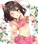  1girl ;p alternate_costume animal_ears blush brown_hair carrot clip_studio_paint_(medium) commentary_request cowboy_shot crop_top crop_top_overhang flat_chest floppy_ears floral_background flower frilled_skirt frills hand_on_own_cheek hand_on_own_face highres inaba_tewi karasusou_nano looking_at_viewer midriff miniskirt navel one_eye_closed outstretched_arm pink_skirt plant pointing pointing_at_viewer rabbit_ears rabbit_girl rabbit_tail red_eyes short_hair single_wrist_cuff skirt skirt_set sleeveless smile solo stomach tail tongue tongue_out touhou wavy_hair white_background white_tail wrist_cuffs 