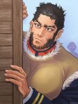  1boy alternate_facial_hair bara beard black_hair buzz_cut facial_hair goatee_stubble golden_kamuy large_pectorals light_frown long_sideburns looking_ahead male_focus mature_male messy_hair military_uniform muscular muscular_male mustache_stubble nopinzo pectorals peeking_out short_hair sideburns solo tanigaki_genjirou thick_eyebrows uniform upper_body very_short_hair 