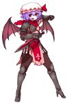  1girl absurdres alternate_costume armor armored_boots armored_gloves bat_wings boots bow clenched_hand fang hat highres holding holding_sword holding_weapon knee_guards leather leather_pants looking_to_the_side mob_cap open_mouth pants purple_hair red_bow red_eyes red_scarf remilia_scarlet ribbon-trimmed_headwear ribbon_trim scarf short_hair short_sword shoulder_armor simple_background solo sword tekaaluk touhou weapon white_background wings 