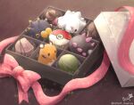  box box_of_chocolates chocolate dedenne food food_focus food_on_face pincurchin pink_ribbon poke_ball poke_ball_(basic) pokemon pokemon_(creature) pyukumuku ribbon signature sirius. snom table twitter_username 