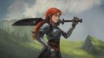  1girl absurdres armor belt black_nails braid breastplate breasts cliff closed_eyes cloud commentary david_revoy english_commentary freckles gauntlets grass highres holding holding_sword holding_weapon krita_(medium) medium_breasts original over_shoulder ponytail red_hair side_braid smile solo sword upper_body weapon weapon_over_shoulder 