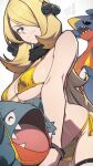  1girl animal artist_name asymmetrical_hair bikini blonde_hair blue_eyes bracelet breasts closed_mouth cropped_arms cropped_legs cynthia_(pokemon) fur_choker garchomp gible grey_background hair_ornament hair_over_one_eye hata4564 highres jewelry large_breasts long_hair looking_at_viewer pokemon pokemon_(creature) pokemon_(game) pokemon_dppt sharp_teeth side-tie_bikini_bottom sidelocks signature simple_background smile swimsuit teeth thigh_strap white_background yellow_bikini 