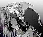  1boy 1girl alucard_(castlevania) biting bow breasts cape castlevania castlevania:_symphony_of_the_night cleavage closed_mouth gloves grel_(r6hgvu5) greyscale hair_ribbon long_hair looking_at_viewer maria_renard monochrome neck_biting ribbon simple_background very_long_hair waist_bow 