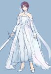  1girl bare_shoulders brown_hair closed_mouth dress fire_emblem fire_emblem:_path_of_radiance fire_emblem_heroes headband high_heels holding holding_sword holding_weapon looking_to_the_side official_alternate_costume solo sword tanith_(bridal)_(fire_emblem) tanith_(fire_emblem) tonton318831 weapon wedding_dress 