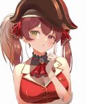  1girl :o ascot bare_shoulders breasts brown_headwear cleavage gloves hair_ribbon hat heterochromia highres hololive houshou_marine index_finger_raised large_breasts long_hair looking_at_viewer pirate_hat red_eyes red_hair red_ribbon red_vest ribbon simple_background solo twintails vest vezbin virtual_youtuber white_background white_gloves yellow_eyes 
