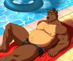  2023 absurd_res anthro barechested bear belly biceps big_belly body_hair bulge c_andreartz chest_hair clothed clothing hair hi_res inflatable inner_tube knee_up looking_at_viewer male mammal manly musclegut muscular muscular_legs navel nipples pecs ponytail poolside pubes reclining shirtless shirtless_male slightly_chubby solo speedo speedo_only swimwear swimwear_only topless topless_male towel triceps 
