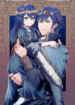  1boy 1girl aged_down alternate_costume ameno_(a_meno0) blue_cape blue_dress blue_eyes blue_hair blue_shirt cape carrying carrying_person child chrom_(fire_emblem) closed_mouth dress father_and_daughter female_child fire_emblem fire_emblem_awakening flower fur-trimmed_cape fur_trim hair_between_eyes head_wreath jewelry long_hair long_sleeves looking_at_viewer lucina_(fire_emblem) shirt short_hair smile tiara yellow_flower 