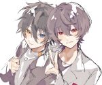  2boys black_hair black_jacket black_shirt blue_eyes blush brown_hair closed_mouth daifugo_happy ensemble_stars! heterochromia highres jacket jewelry kagehira_mika looking_at_viewer male_focus multiple_boys necklace open_mouth red_eyes sakuma_ritsu shirt sketch smile v white_background white_jacket white_shirt yellow_eyes 