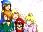  1girl 4boys :d black_shirt blonde_hair blue_eyes blue_headwear blue_overalls blue_shirt bowser brooch_removed brown_hair character_name closed_eyes closed_mouth commentary_request copyright_name crown double_v dress earrings elbow_gloves facial_hair geno_(mario) gloves humanization jewelry mallow_(mario) mario mario_(series) miraxth523 multiple_boys overalls personification princess_peach shirt smile super_mario_rpg v 