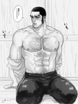  1boy bara bare_pectorals blush chest_hair facial_hair golden_kamuy greyscale highres jo_tuesday19 large_pectorals male_focus monochrome muscular muscular_male navel_hair open_clothes open_shirt pants pectorals shirt short_hair sideburns sitting solo tanigaki_genjirou translation_request 